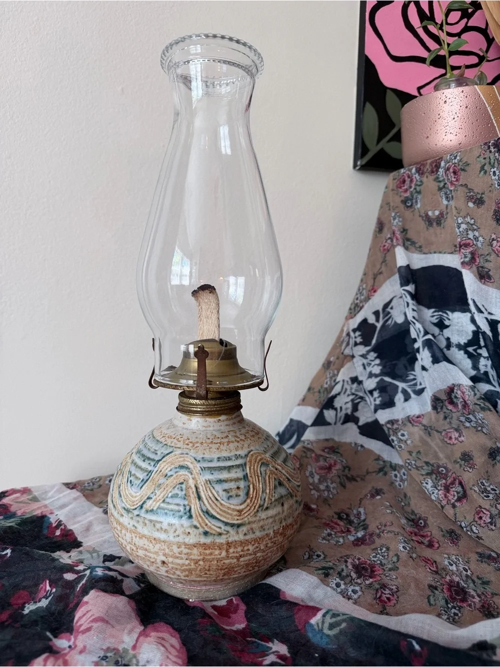Oil Lamp Stoneware Hurricane Glass Chimney 14” Vintage Studio Pottery